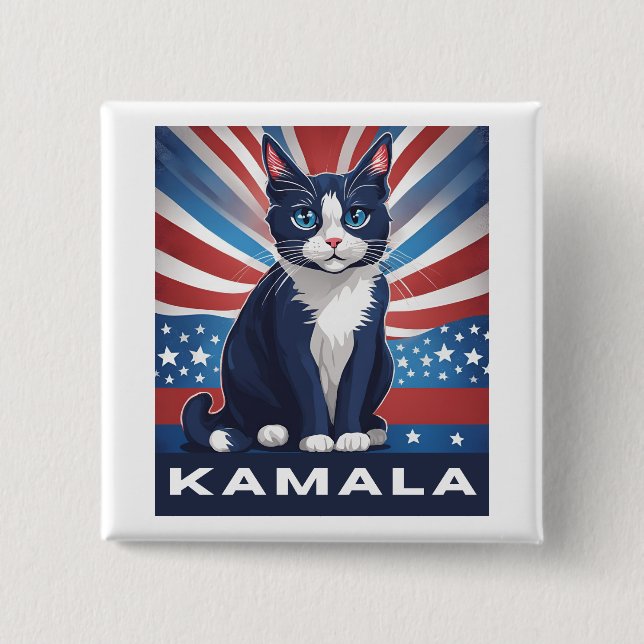 Blue Cat for Kamala 2024 US Election Democrat 2 Inch Square Button (Front)