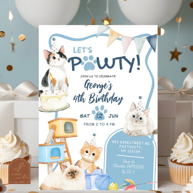 Blue Cat Let's Pawty Boy Invitation d'anniversaire (Créateur téléchargé)
