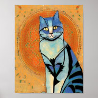 Blue cat moroccan mosaic abstract art golden sun