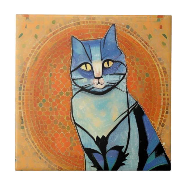 Blue cat moroccan mosaic abstract art golden sun  tile (Front)