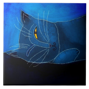 Blue Cat Napping Abstract Digital Painting Tile