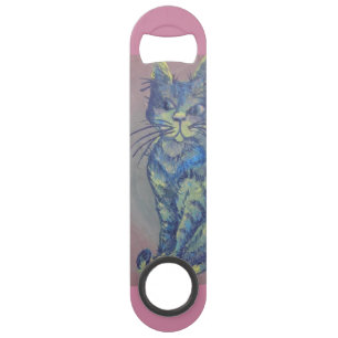 blue cat on pink bottle opener bar key