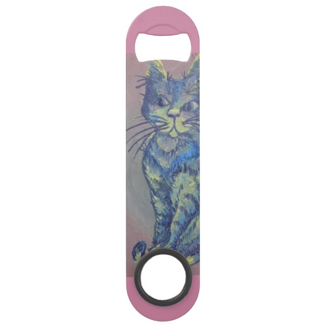 blue cat on pink bottle opener bar key (Back)