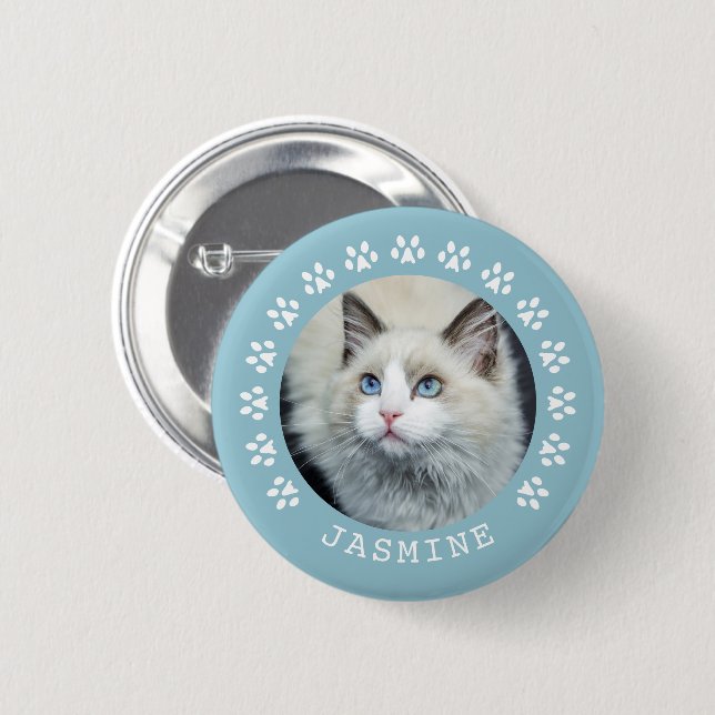 Blue Cat Paw Prints Frame Pet Photo 2 Inch Round Button (Front & Back)