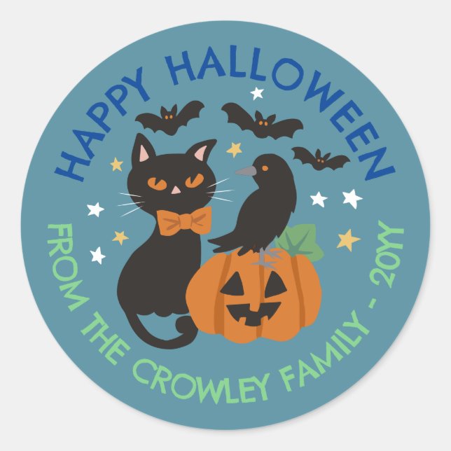 Blue Cat Pumpkin Raven Happy Halloween Classic Round Sticker (Front)