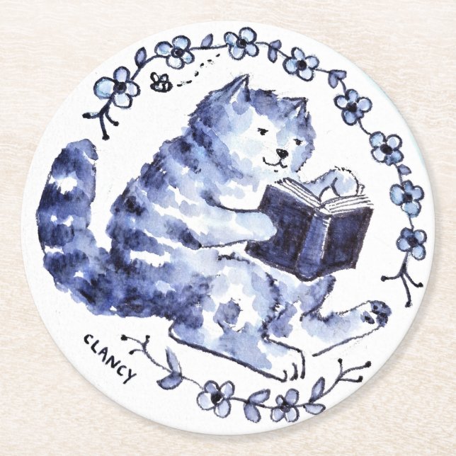 Blue Cat Reading Paper Coaster (Front)