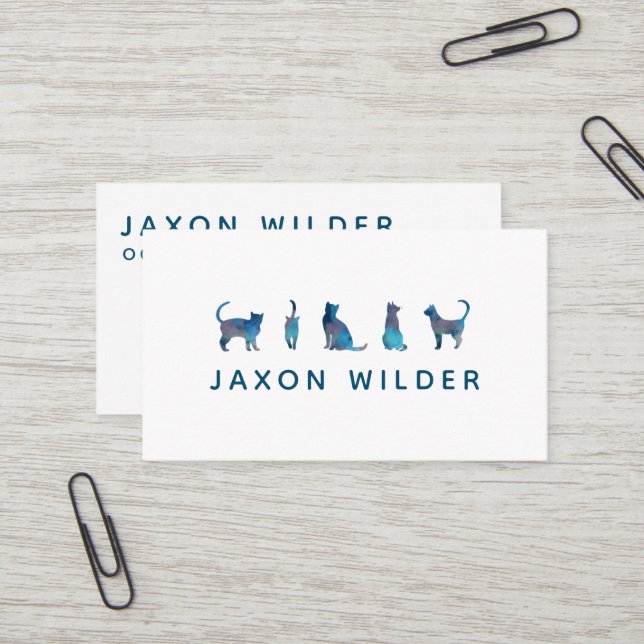 Blue Cat Silhouette Cloud Watercolor Minimal Business Card (Front/Back In Situ)