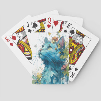 Blue Cat with Flowers Playing Cards