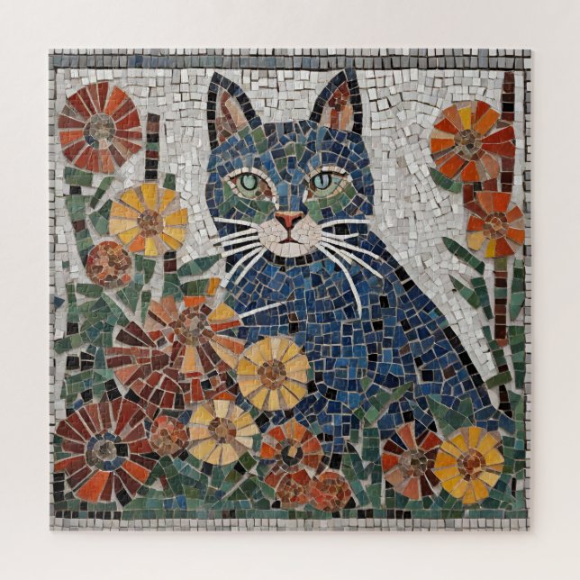 Blue Cat with Flowers Tiled Mosaic  Jigsaw Puzzle (Vertical)