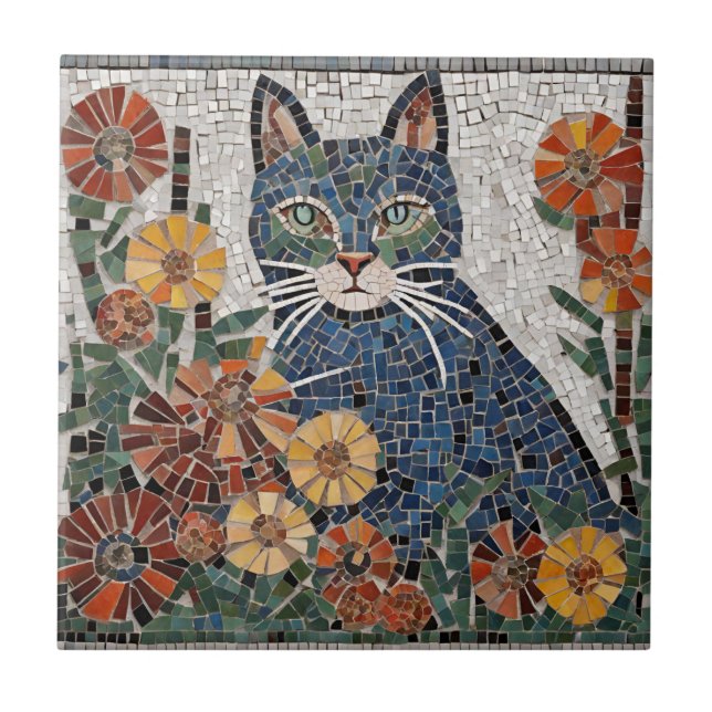 Blue Cat with Flowers Tiled Mosaic  Tile (Front)