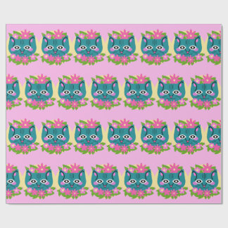 Blue Cat with Pink Flowers Wrapping Paper