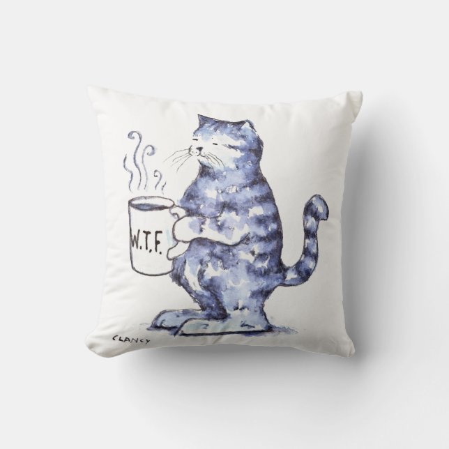 Blue cat with WTF cup Throw Pillow (Front)