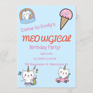 Blue caticorn meowgical birthday invitation
