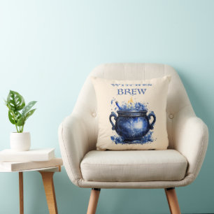 Blue Cauldron Witches Brew Cream Yellow Halloween Throw Pillow