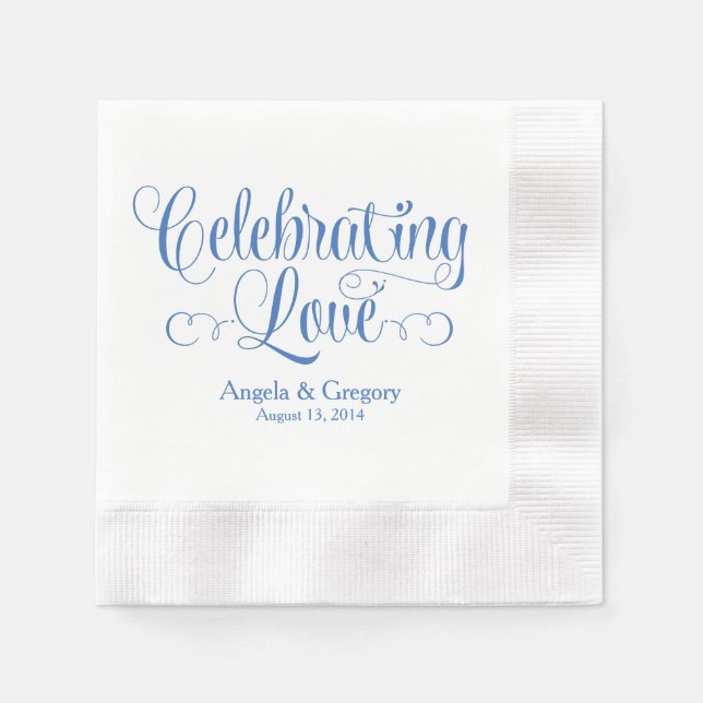 Blue Celebrating Love Personalized Wedding Napkin (Front)