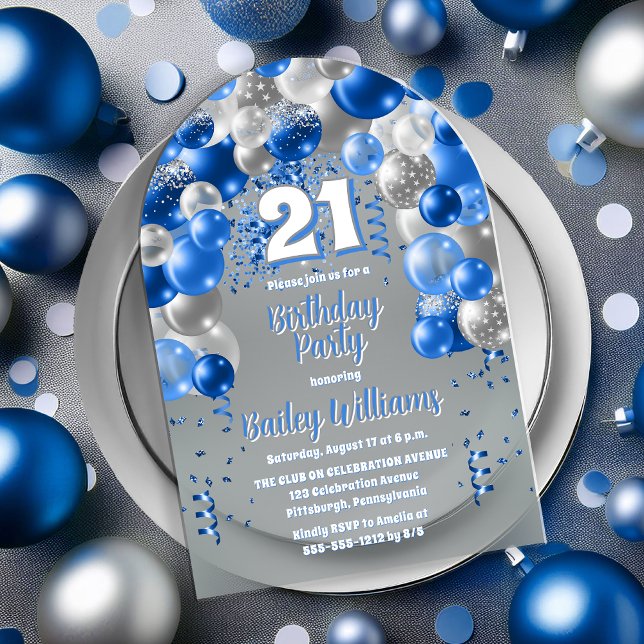 Blue Celebration Balloons 21st Birthday Party Acrylic Invitations (Blue Celebration Balloons "21" 21st Birthday Party Acrylic Invitation)