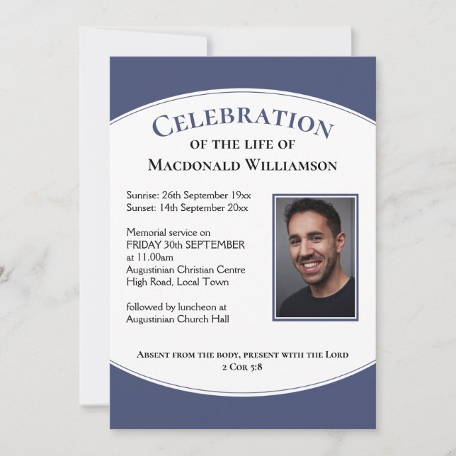 Blue CELEBRATION OF LIFE Photo Funeral Invitation (Front)