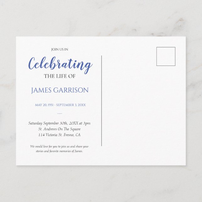 Blue Celebration of Life With Photo Funeral Invite Postcard (Back)