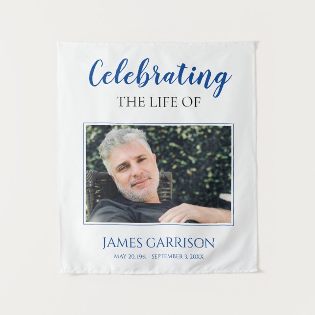 Blue Celebration Of Life with Photo Funeral Tapestry (Front)