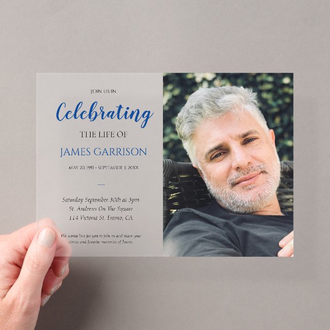 Blue Celebration of Life With Photo Memorial Acrylic Invitations (Insitu (Handheld))
