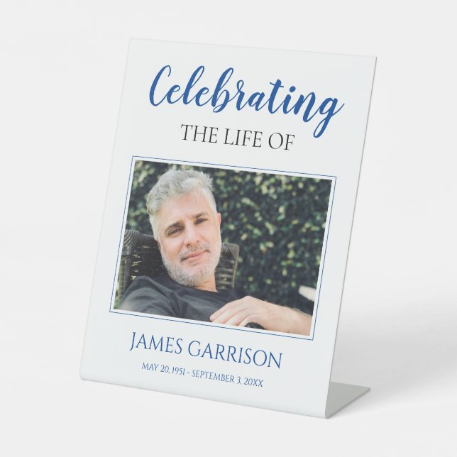 Blue Celebration Of Life with Photo Memorial Pedestal Sign (Front)