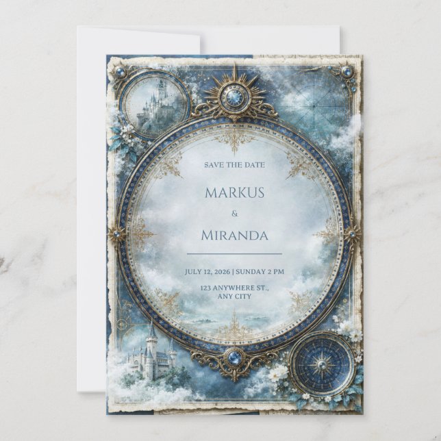 Blue Celestial Castle Wedding Invitation (Front)