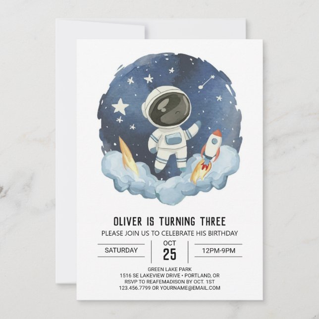  Blue Celestial Elegant Astronaut Boy Birthday Invitation (Front)