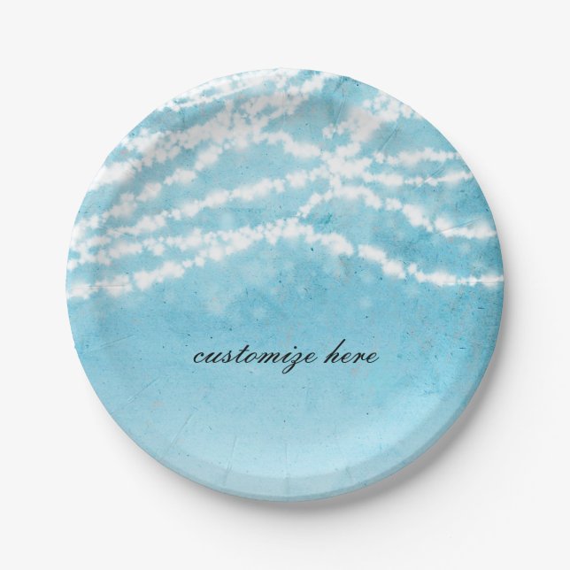 Blue Celestial String Lights Rustic Wedding Party Paper Plate (Front)
