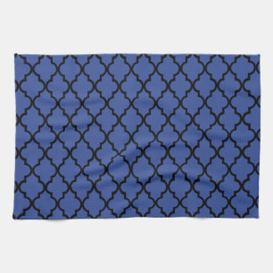 Blue Cerulean & Black Maroccan Trellis Quatrefoil Kitchen Towel
