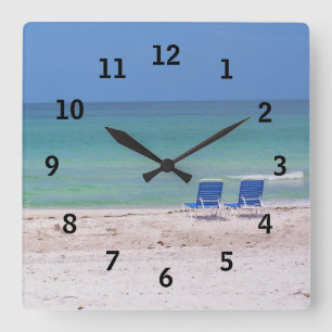 Blue Chairs on the Beach Square Wall Clock