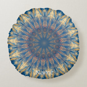 Blue Chakra Kaleidoscope Thunder_Cove Round Pillow
