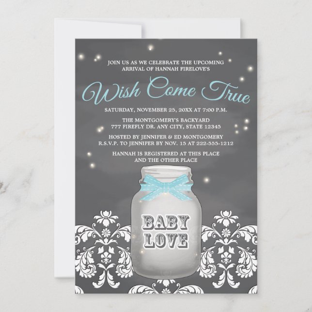 Blue Chalkboard Firefly Mason Jar Baby Shower Invitation (Front)
