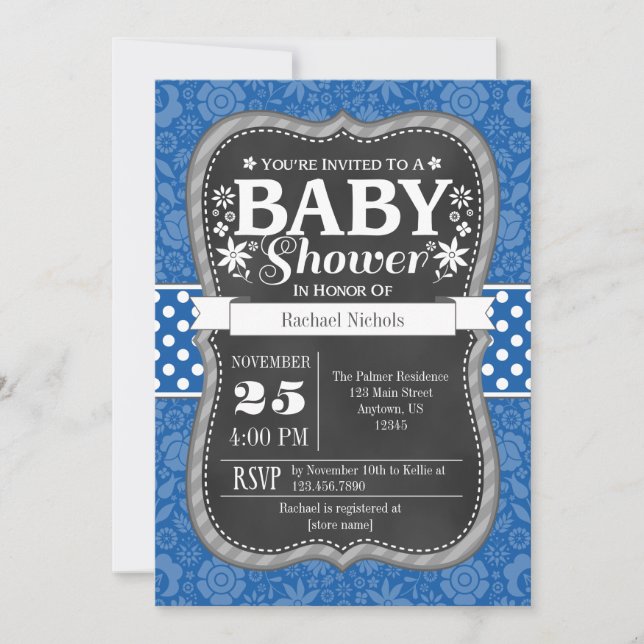Blue Chalkboard Floral Baby Shower Invite (Front)