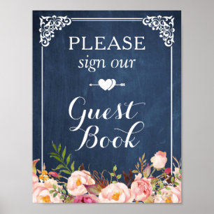 Blue Chalkboard Floral Sign Our Guestbook