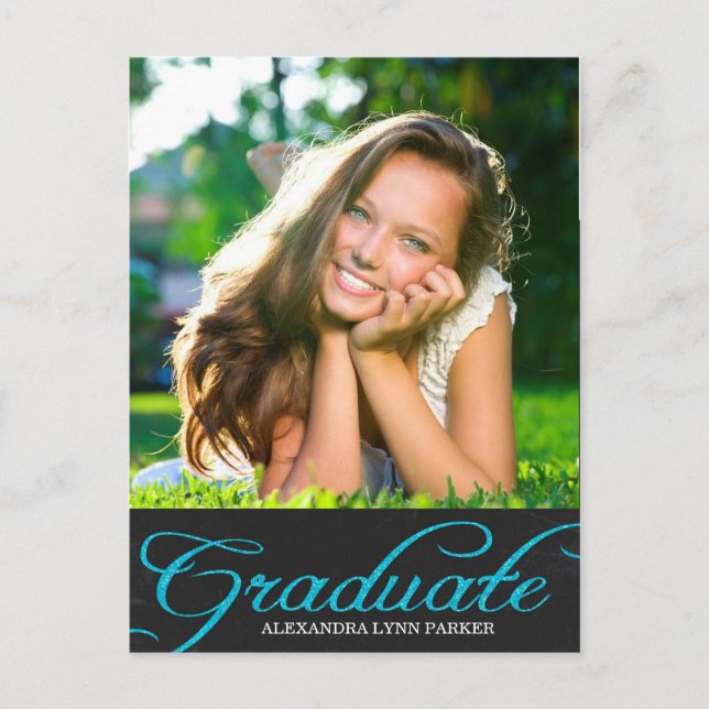 Blue Chalkboard Graduation Party Invite Postcard (Front)