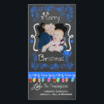 Blue Chalkboard Merry Christmas Holiday Photo Card<br><div class="desc">Merry Christmas holiday photo cards with a chalkboard look background,  lots of bright blue swirls and text that reads Merry Christmas,  a string of colourful tree lights in various colours,  blue hanging ornaments,  and areas you can customize these beautiful and bright holiday photo cards with your photo and names!</div>
