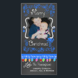 Blue Chalkboard Merry Christmas Holiday Photo Card<br><div class="desc">Merry Christmas holiday photo cards with a chalkboard look background,  lots of bright blue swirls and text that reads Merry Christmas,  a string of colourful tree lights in various colours,  blue hanging ornaments,  and areas you can customize these beautiful and bright holiday photo cards with your photo and names!</div>
