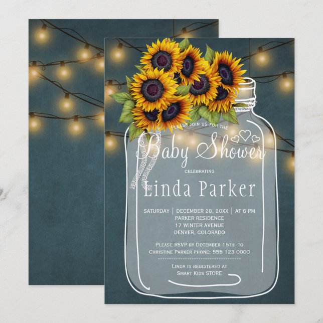 Blue chalkboard rustic mason jar baby shower invitation (Front/Back)