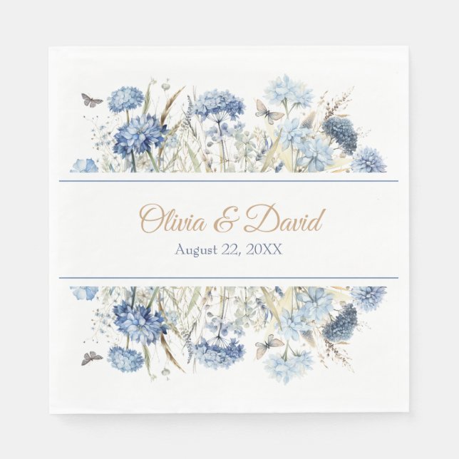Blue Champagne Hydrangea Script Wedding Napkin (Front)
