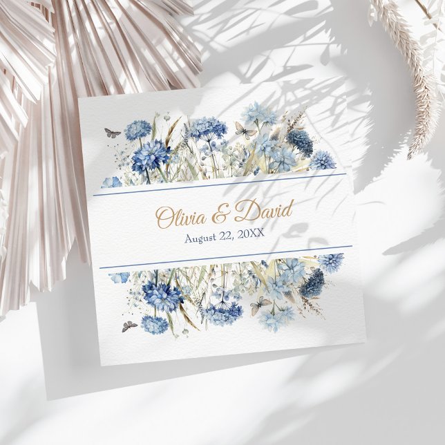 Blue Champagne Hydrangea Script Wedding Napkin (French Blue Wildflower Meadow Wedding Napkins on a sunny white boho wedding table.)