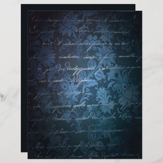 Blue Charcoal Grey Grunge Floral Scrapbook Paper (Front/Back)