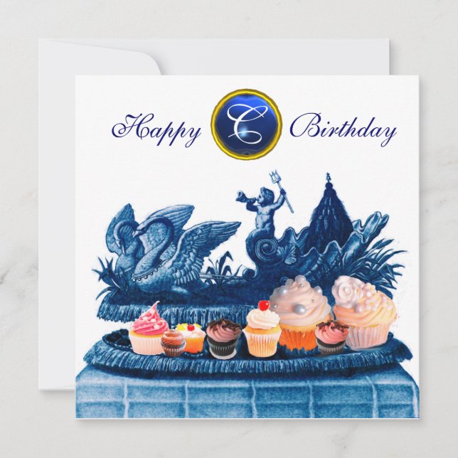 BLUE CHARIOT OF SWANS AND CUPCAKES BIRTHDAY PARTY INVITATION (Front)