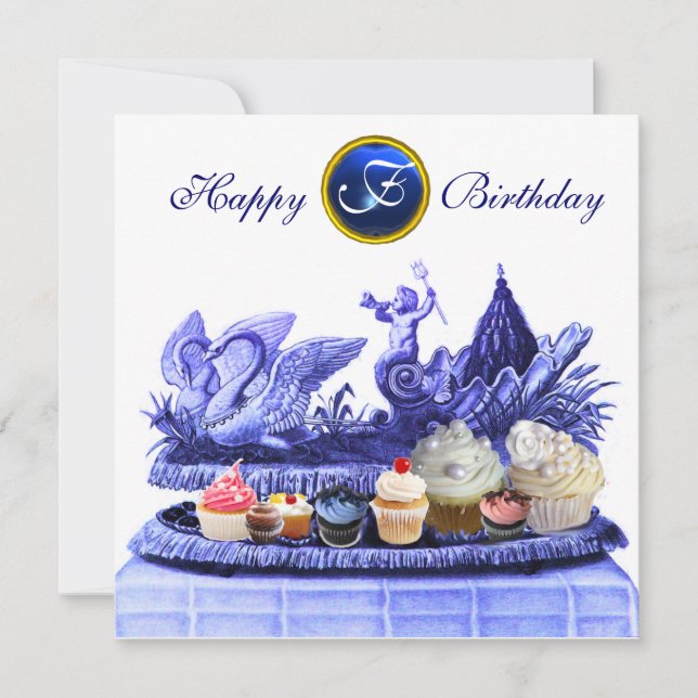 BLUE CHARIOT OF SWANS AND CUPCAKES BIRTHDAY PARTY INVITATION (Front)