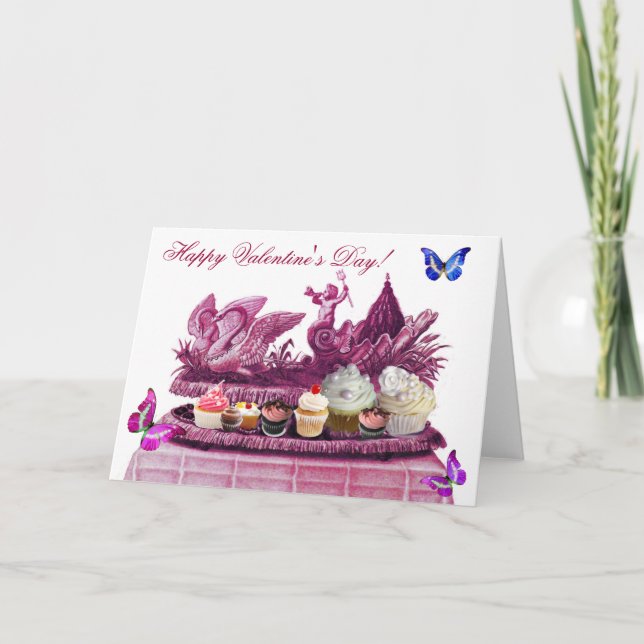 BLUE CHARIOT OF SWANS AND CUPCAKES VALENTINE'S DAY HOLIDAY CARD (Front)