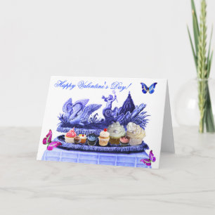 BLUE CHARIOT OF SWANS AND CUPCAKES VALENTINE'S DAY HOLIDAY CARD
