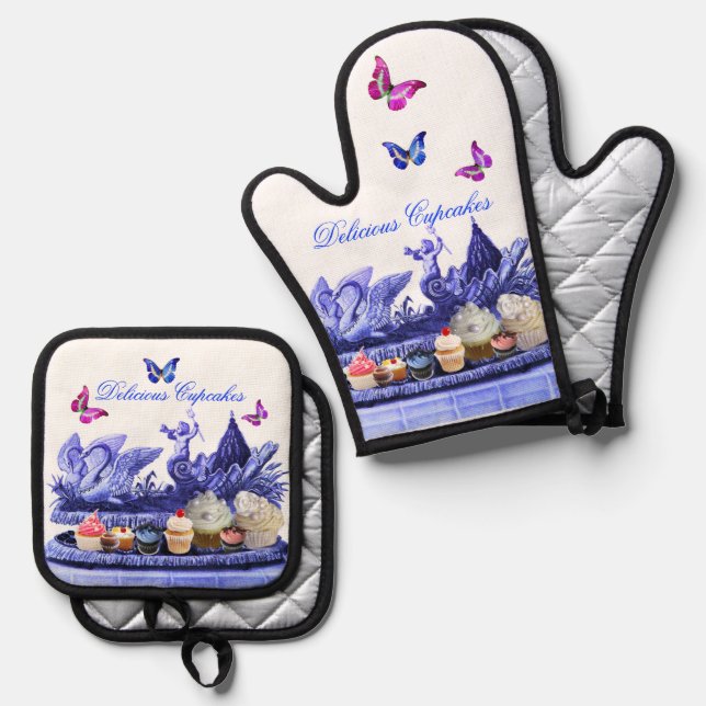 BLUE CHARIOT OF SWANS ,BUTTERFLIES AND CUPCAKES  OVEN MITT & POT HOLDER SET (Front/Back)