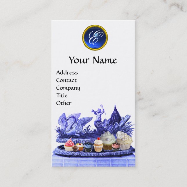 BLUE CHARIOT OF SWANS WITH CUPCAKES AND PASTRY BUSINESS CARD (Front)