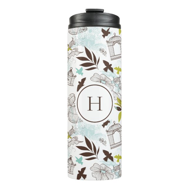 Blue Chartreuse Birdcages Floral Pattern Monogram Thermal Tumbler (Front)