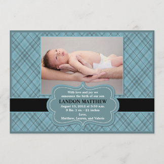 Blue Check Baby Boy Birth Announcement