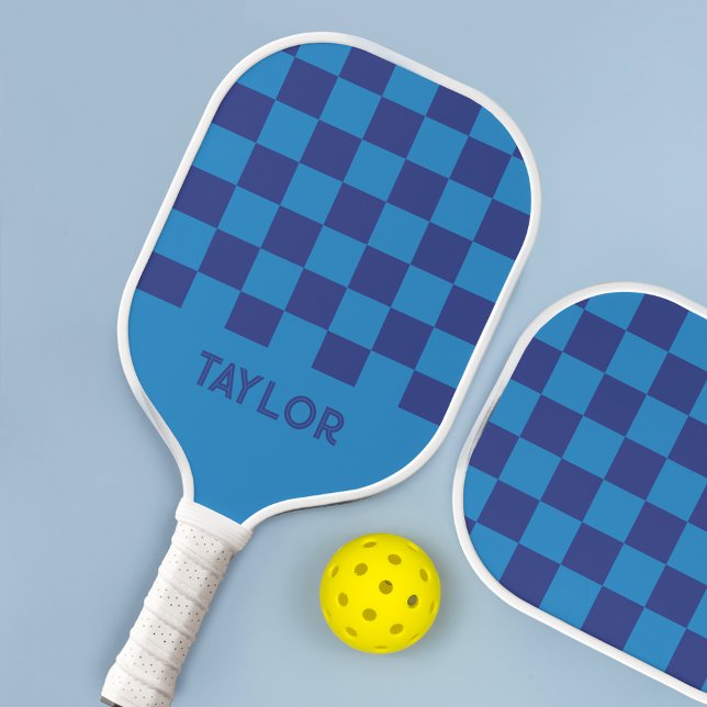 Blue Check Chequered Board Pattern Personalized Pickleball Paddle (Creator Uploaded)